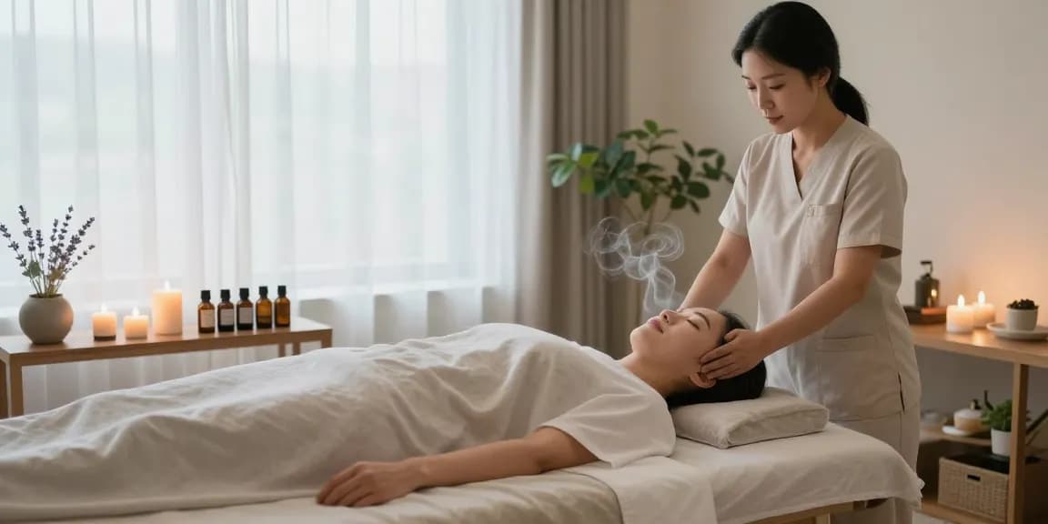 Relaxing 잠실출장안마 session in serene massage therapy room with soft lighting and calming atmosphere.