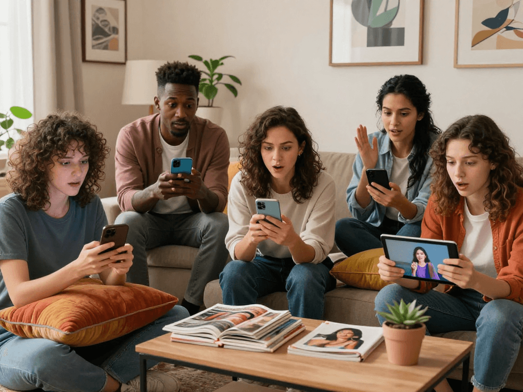 Engaging scene showcasing diverse individuals exploring sex chat ai on their devices in a cozy living room.