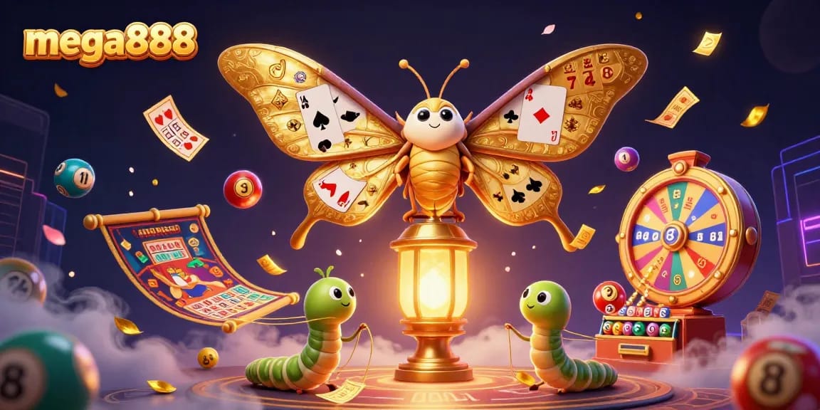 Representing mega888, a vibrant casino scene with a mystical moth beside colorful gaming elements.
