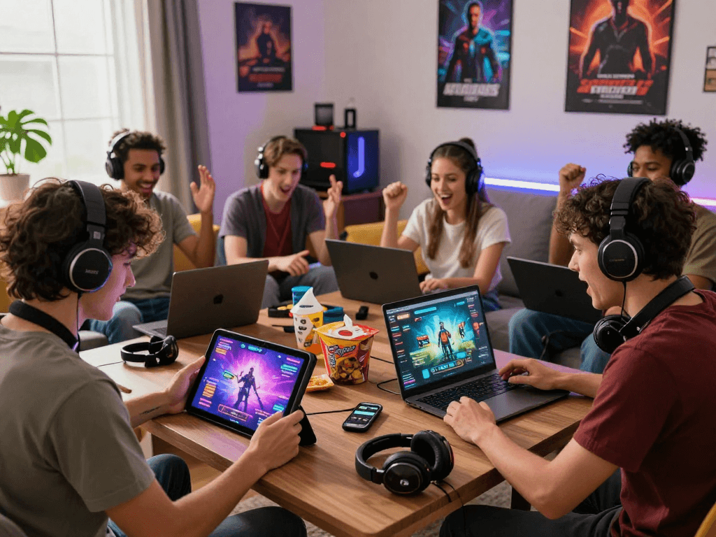 Engaged friends playing online porn games together in a lively living room.