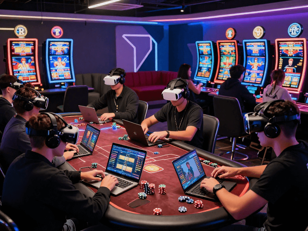 Exciting crypto casino gaming scene with diverse players engaged in virtual poker and cryptocurrency slot machines.