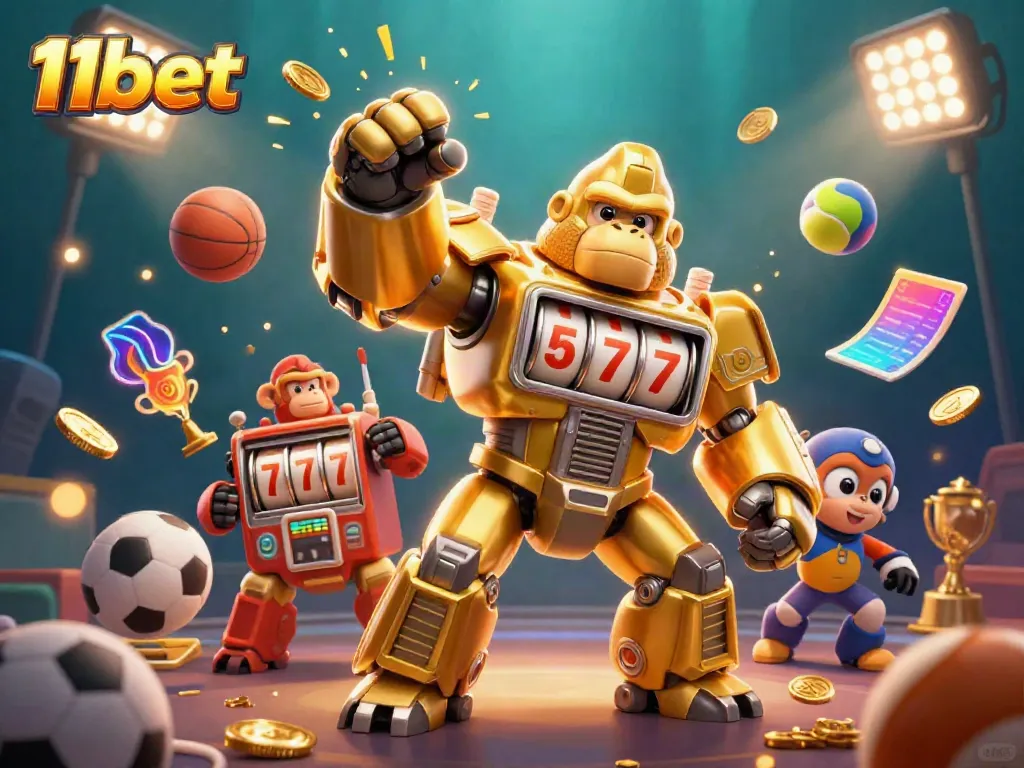 Engage with 11bet's gaming atmosphere as a golden gorilla mech bursts coins and thrills in a vibrant casino scene.