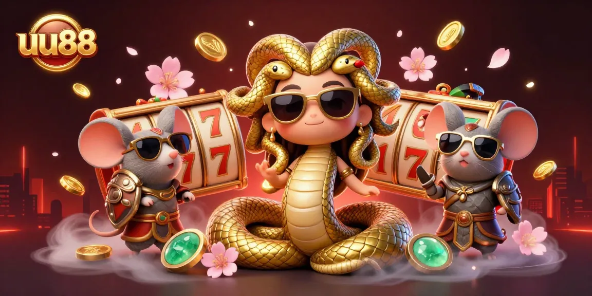 Bet at uu88's thrilling slots table with Medusa and a brave mouse in a colorful casino scene.