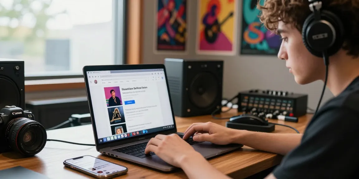 Artist using email services to share music updates in a vibrant studio.