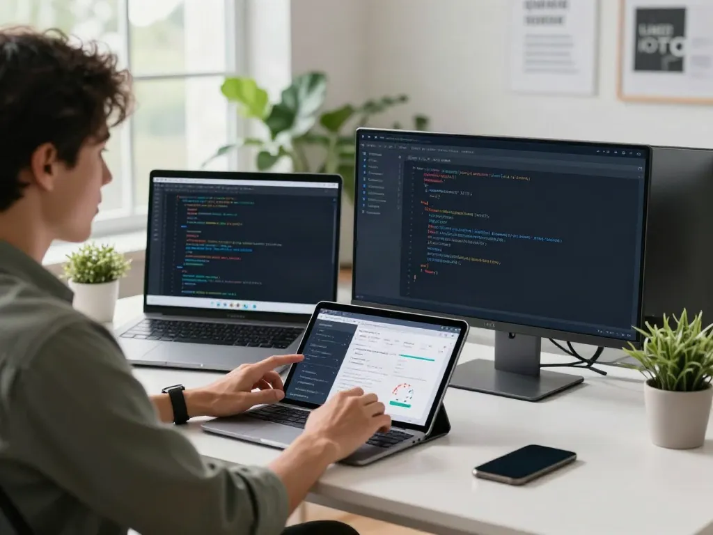 Developer coding a web application focused on instant indexing in a modern workspace.