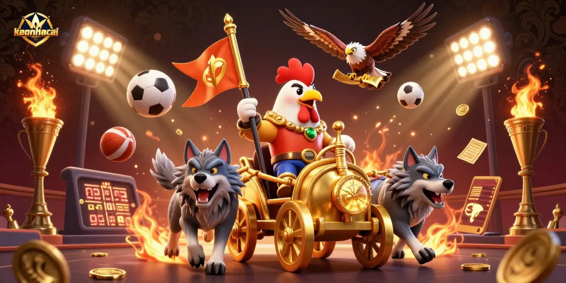 Engage with keonhacai as a 3D rooster warlord leads a vibrant sports betting scene filled with dynamic elements.