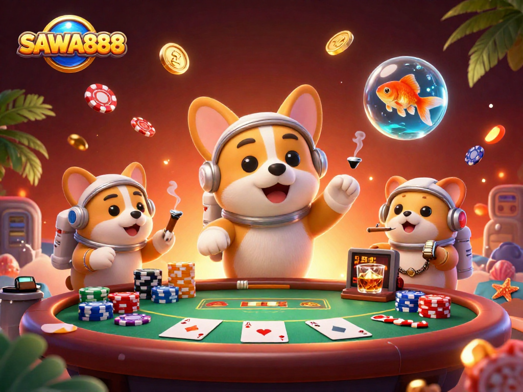 SAWA888 offers an exciting and vibrant carnival of gambling adventures, complete with poker tables, chip stacks, and thrilling gaming action.