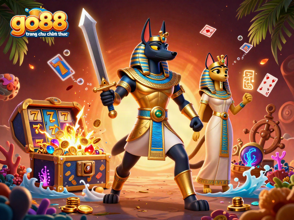Experience winning spins at go88 trang chu chinh thuc with Anubis and Bastet amidst vibrant slot reels.
