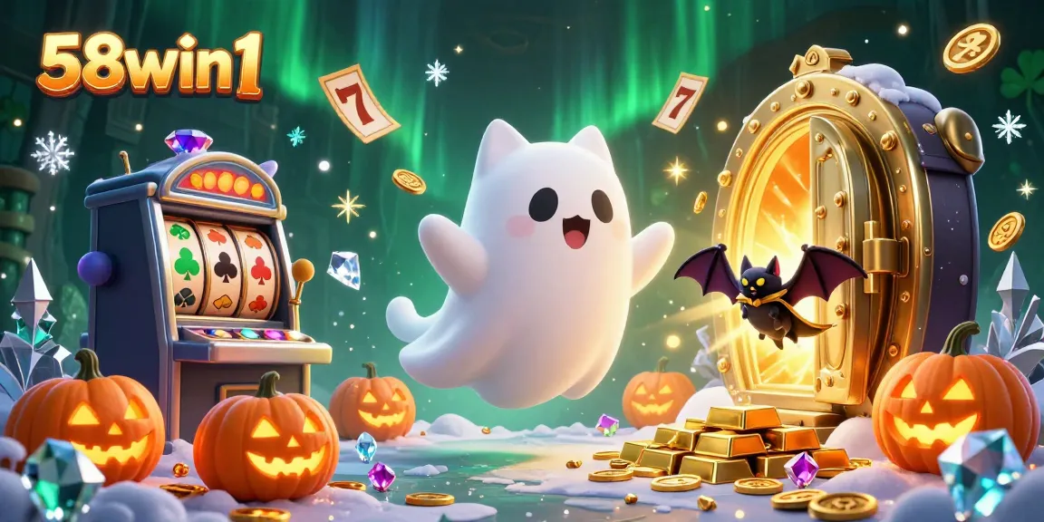 Experience exciting gameplay with 58win1 in this vibrant haunted casino scene featuring a ghost cat and treasures.