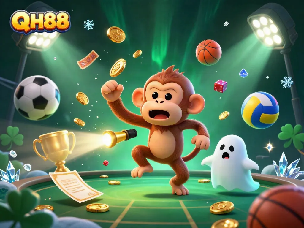 Experience thrilling QH88 gaming adventures with a unique 3D casino scene featuring a playful poltergeist and spirited puppy.