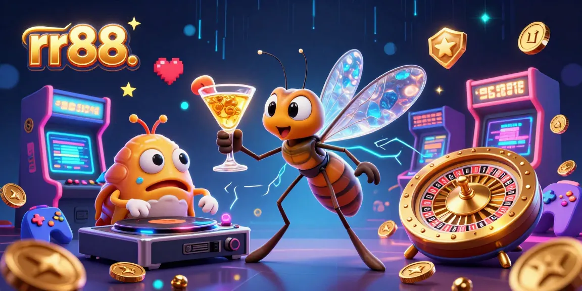 Play unique games at rr88. with an energetic casino scene featuring a frozen mosquito mascot and vibrant gaming elements.