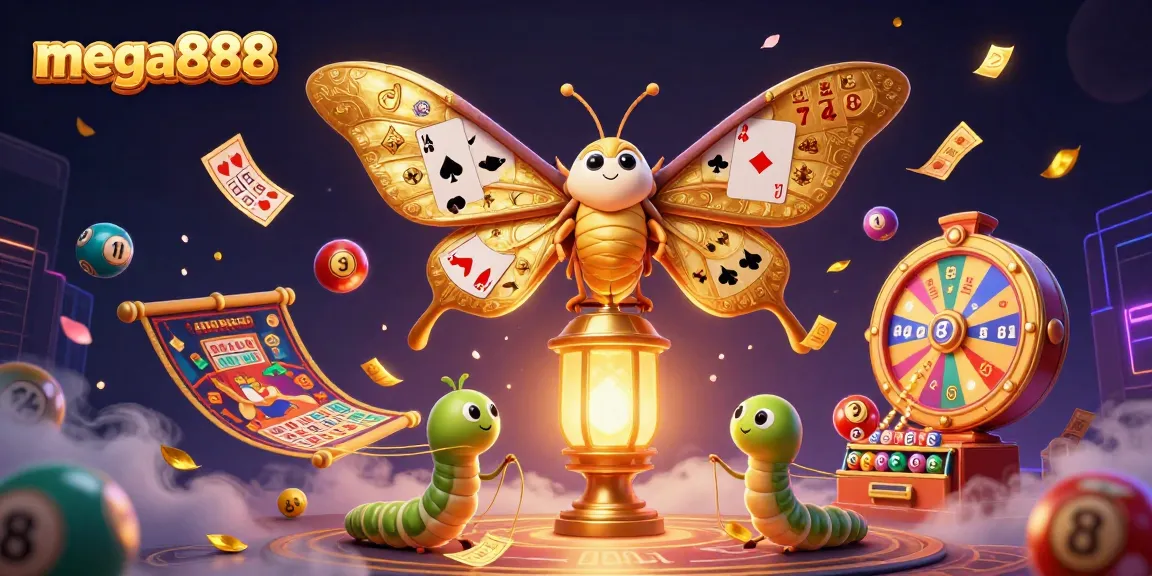 Representing mega888, a vibrant casino scene with a mystical moth beside colorful gaming elements.