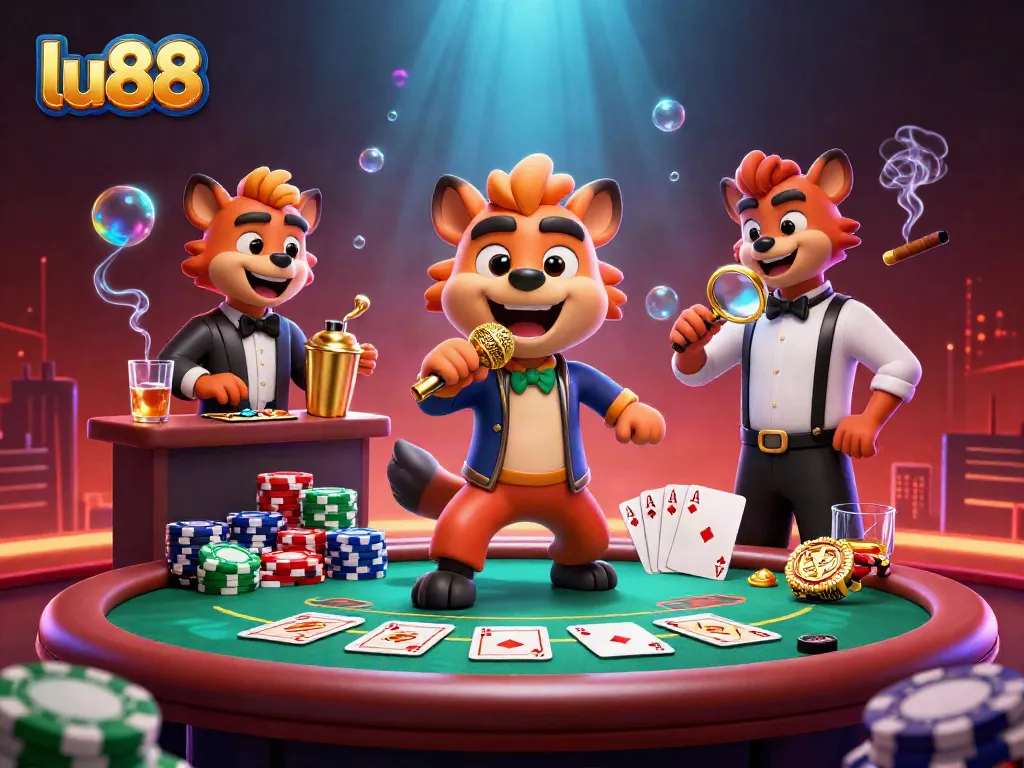 lu88 hyena-themed comedy casino scene featuring a stand-up act, vibrant poker table, and dynamic interactions