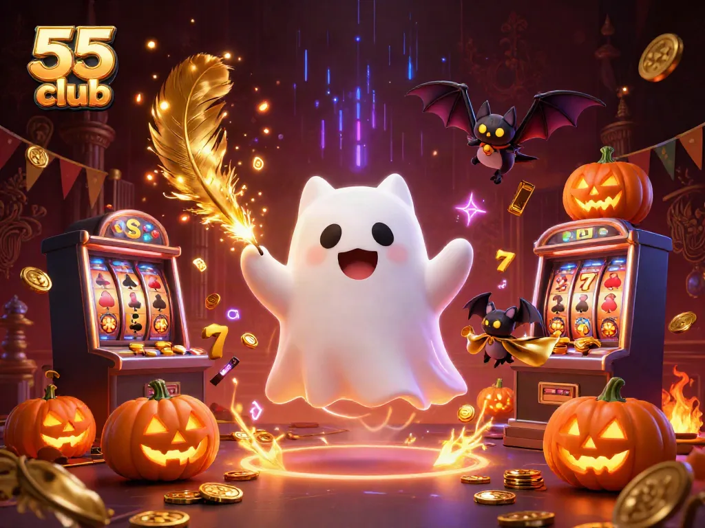 Engage in thrilling play on 55 club with a ghost cat navigating among vibrant casino symbols and golden rewards.