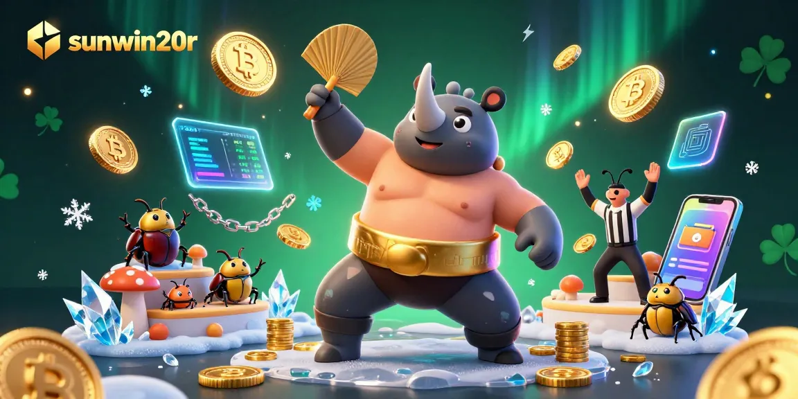 Experience the thrill of sunwin20r as vibrant beetles stomp amidst flying coins and crypto elements.