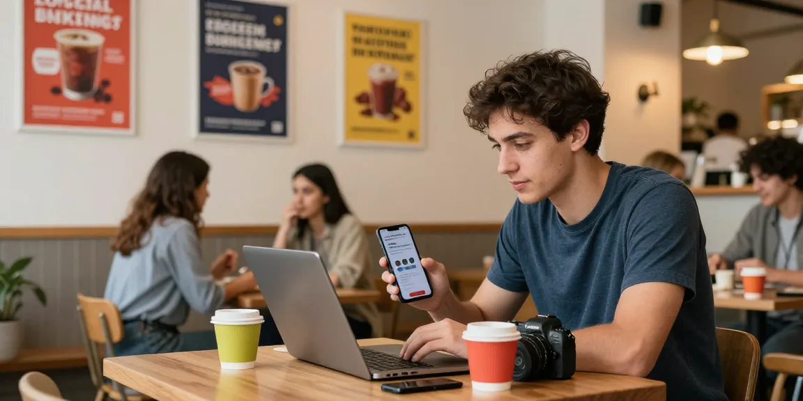 Engaging social marketing for small businesses scene in a cafe with entrepreneur using laptop.