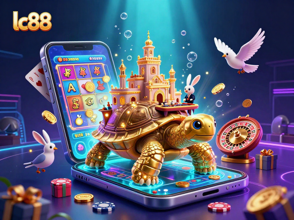 Engage with lc88's thrilling casino adventure featuring a golden tortoise and rabbit dealer amidst vibrant gaming elements.