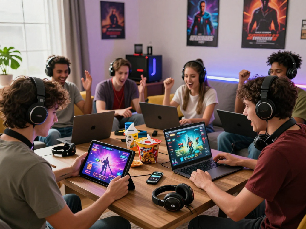 Engaged friends playing online porn games together in a lively living room.