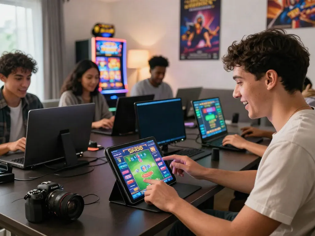 Players engaging with SIN88 online gaming platform in a vibrant living room.