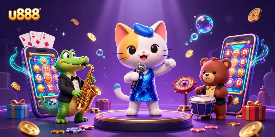 Experience thrilling casino excitement with u888 in this vibrant 3D illustration featuring playful cartoon characters.