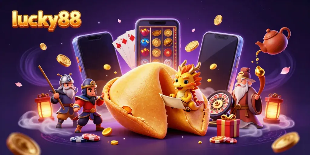 Engage with exciting lucky88 casino adventures featuring colorful slot games and golden fortune cookies.