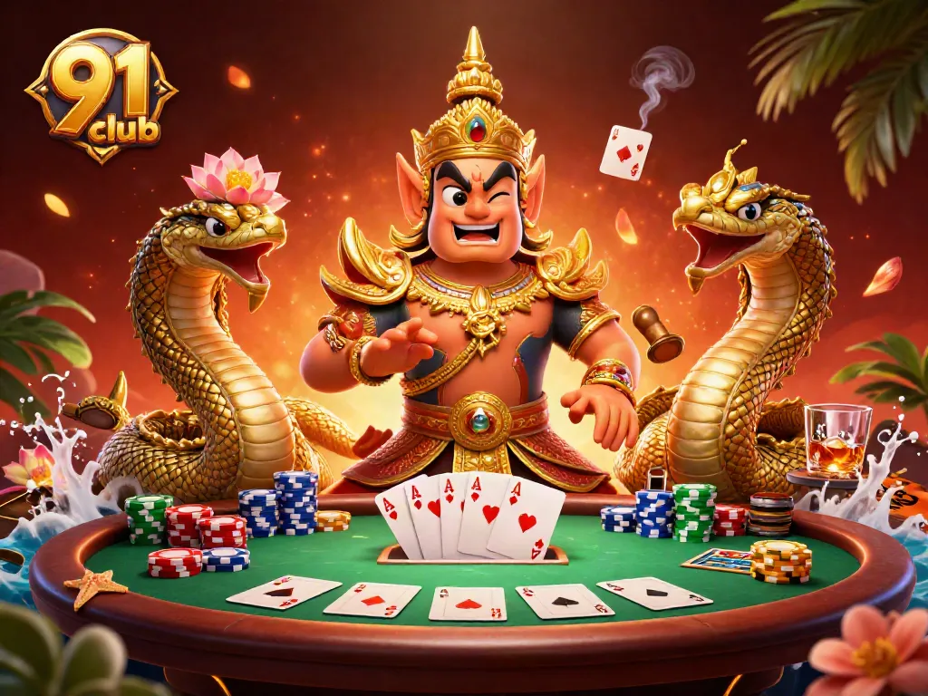 Engage in thrilling 91 club gaming with vibrant 3D characters and poker elements.