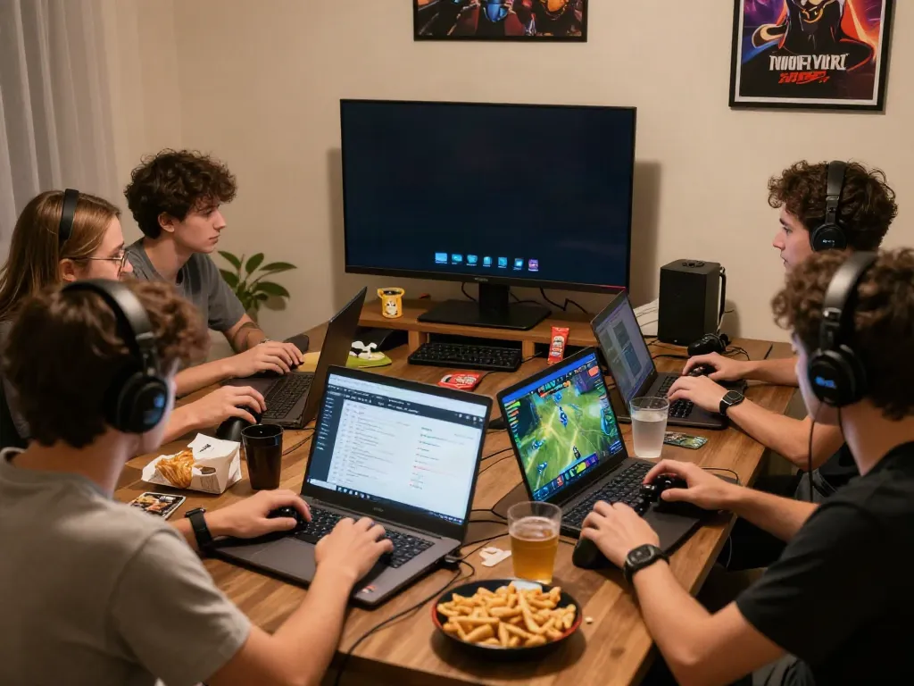 Group enjoying online gaming and betting on 11bet with lively atmosphere.