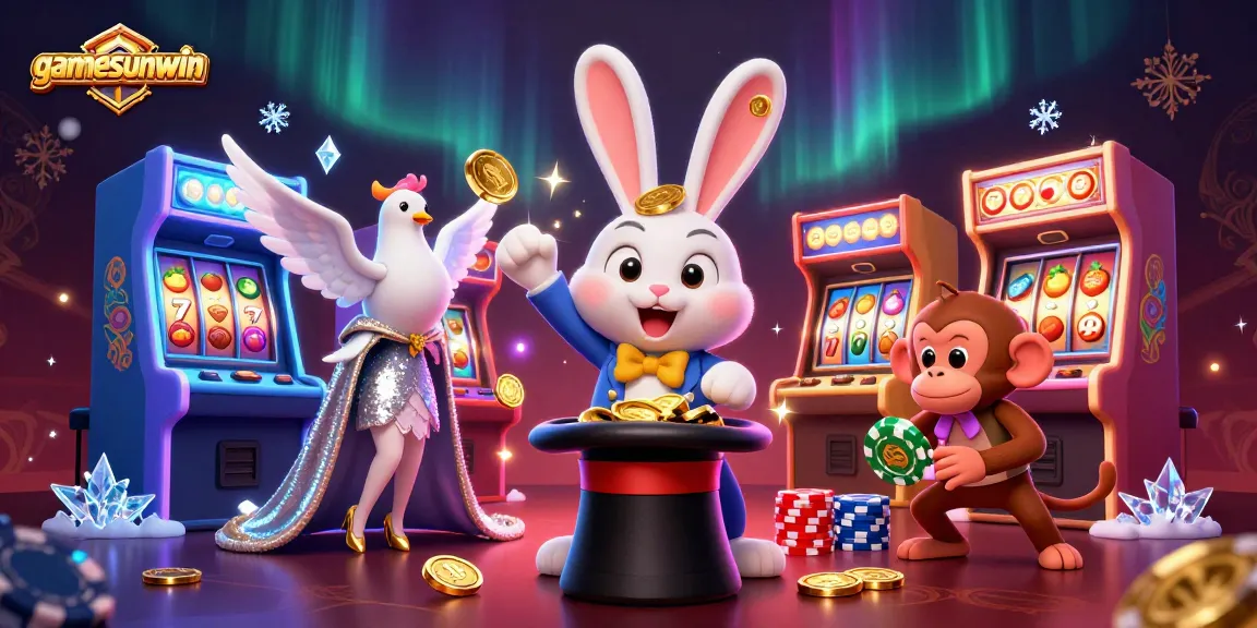 Experience the thrills at gamesunwin with a lively casino scene featuring a magical rabbit and friends.