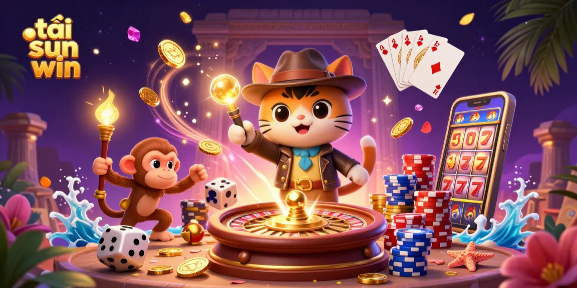 Spin to win with tải sun win, showing an archaeologist cat and its monkey companion in a vibrant casino adventure.
