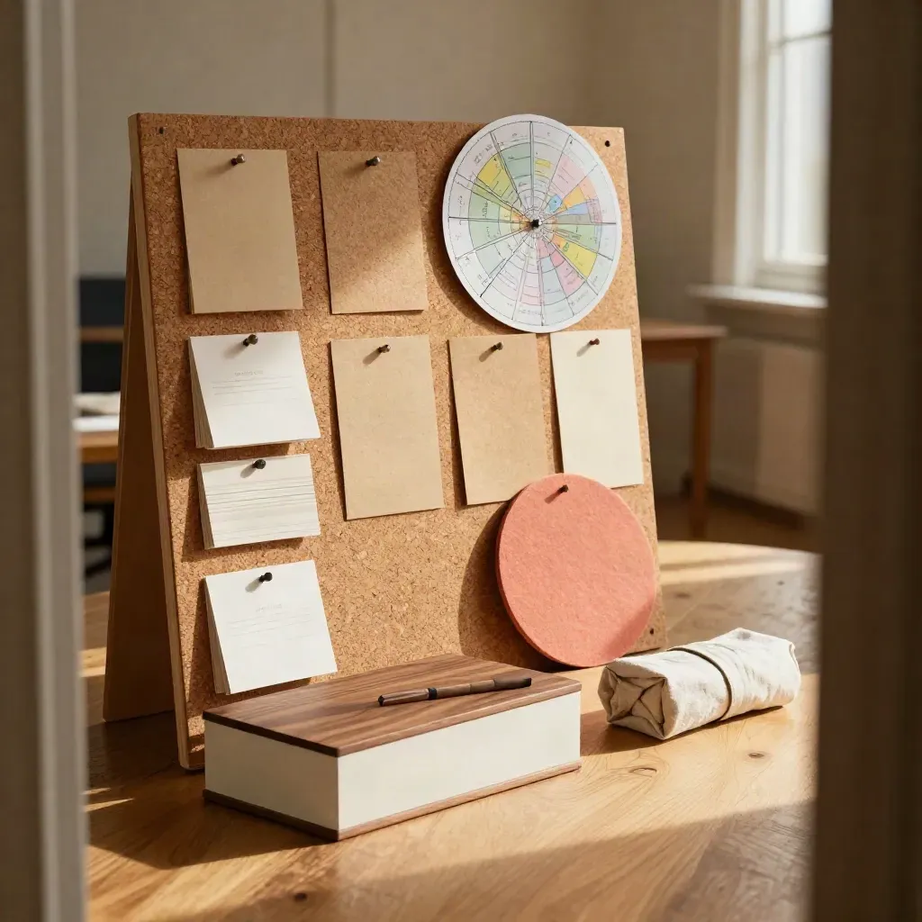 Launch workshop setup with cork pinboard, room cards and presentation blocks in warm sunlight.