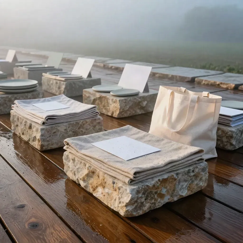 Stone plinths, linen swatches, ceramic discs and event tote on wet timber at dawn