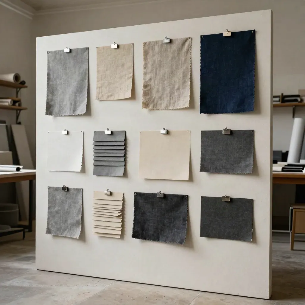 Brand strategy wall of fabric swatches and sample boards on a pale plaster studio wall.