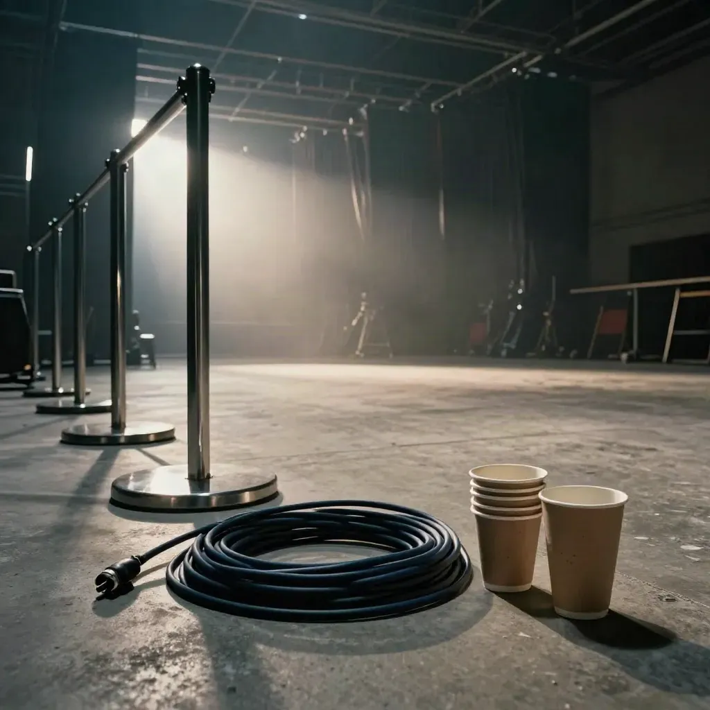 Moody live event prep corner with cables, speaker stands, stanchions and stacked cups in venue haze.