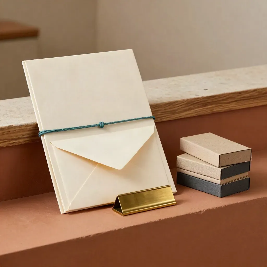 Brass nameplate holder, sealed envelopes, sample boxes, and rope-tied folder on a terracotta ledge.