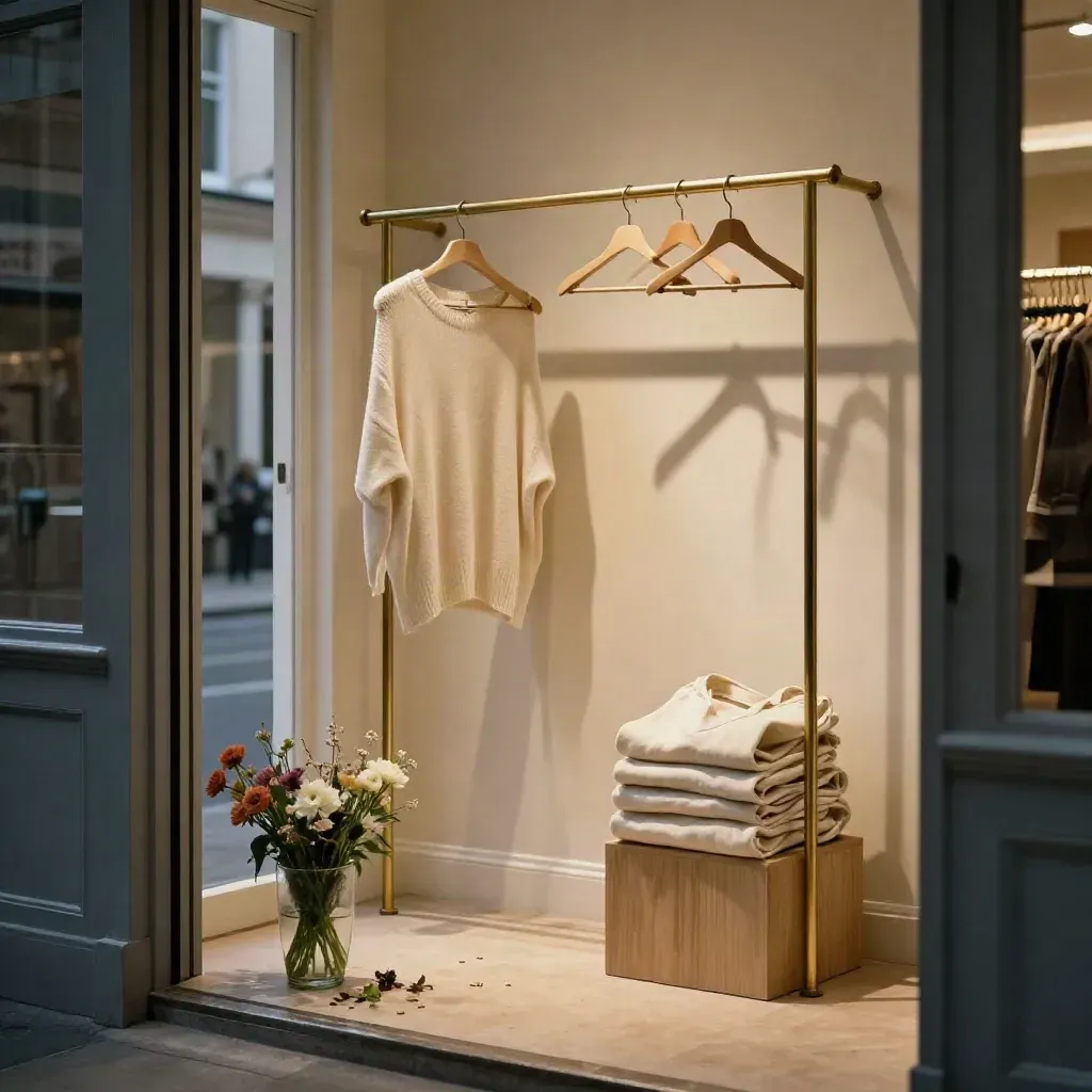 After-hours London storefront with near-empty garment rail, tote stacks and flower remnants