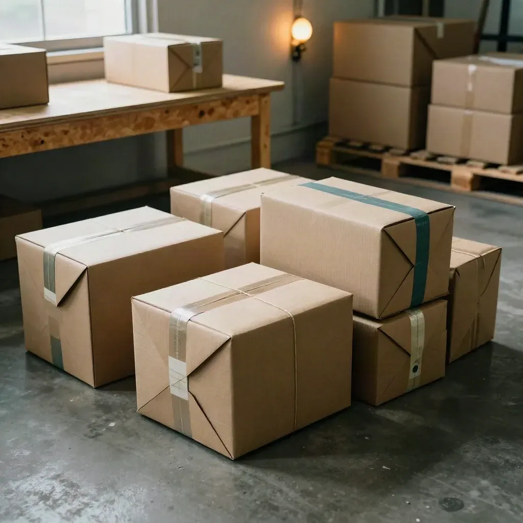 Warehouse packing line with sealed welcome parcels and cartons in warm late-afternoon light.