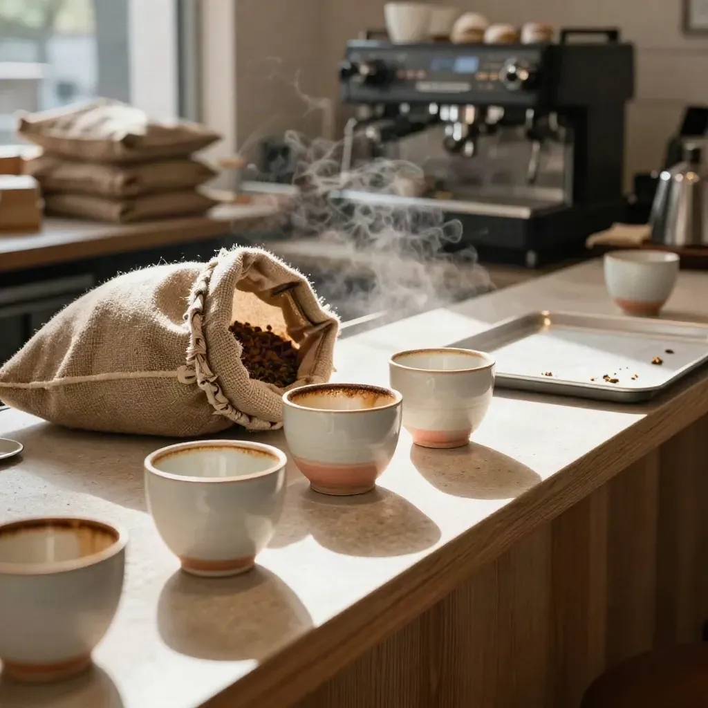 Empty tasting cups and bean sacks on a cafe counter after a sold-out coffee event