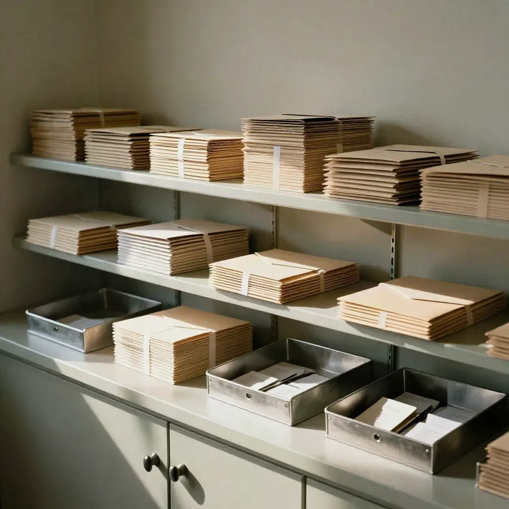 Community mail room with thank-you bundles, face-down envelopes, and donor tokens on a plaster ledge