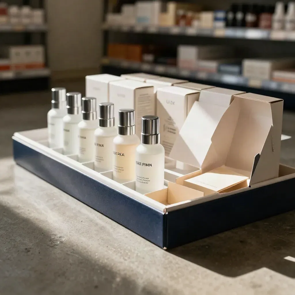 Opened beauty shipment in a bright stockroom, sealed bottles and sample trays neatly faced on concrete.