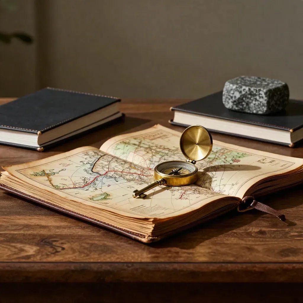 Weathered atlas, brass compass, strategy notebooks and stone weight on a walnut desk.