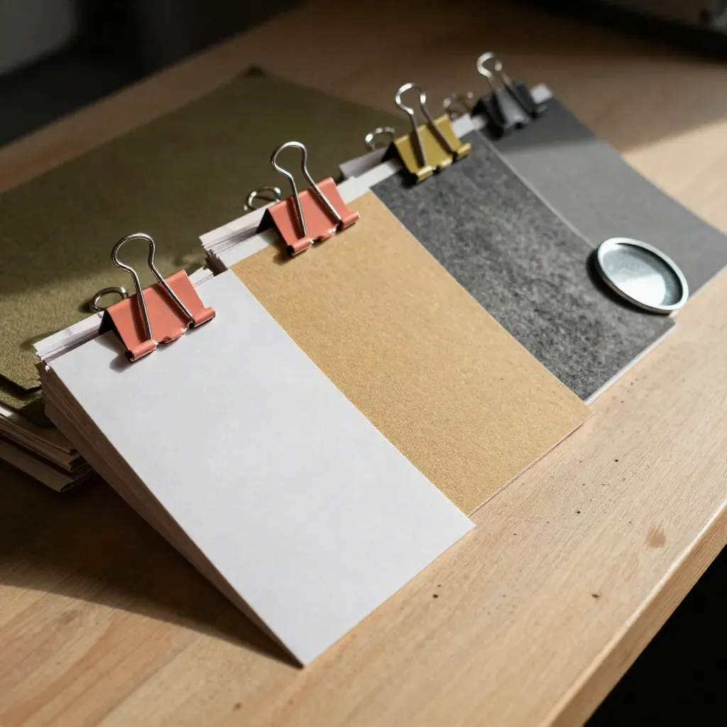 Storyboard cards, coral clips, swatch deck and reflector on a lit layout bench.