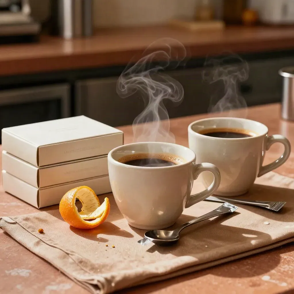 Steaming espresso cups, citrus peels, wrapped tasting spoons and sample boxes on a terracotta counter.