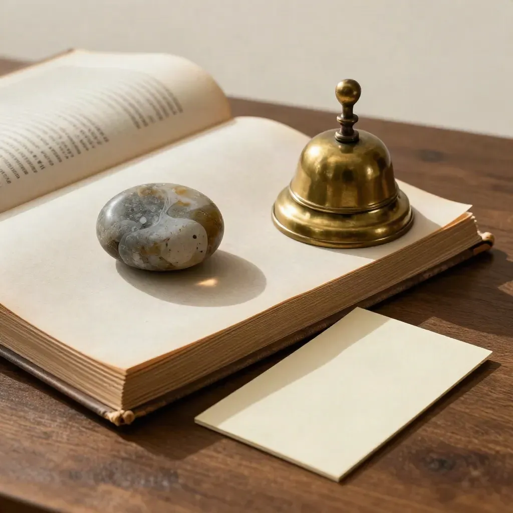Atlas, brass bell, stone paperweight and cards on walnut with soft side light.