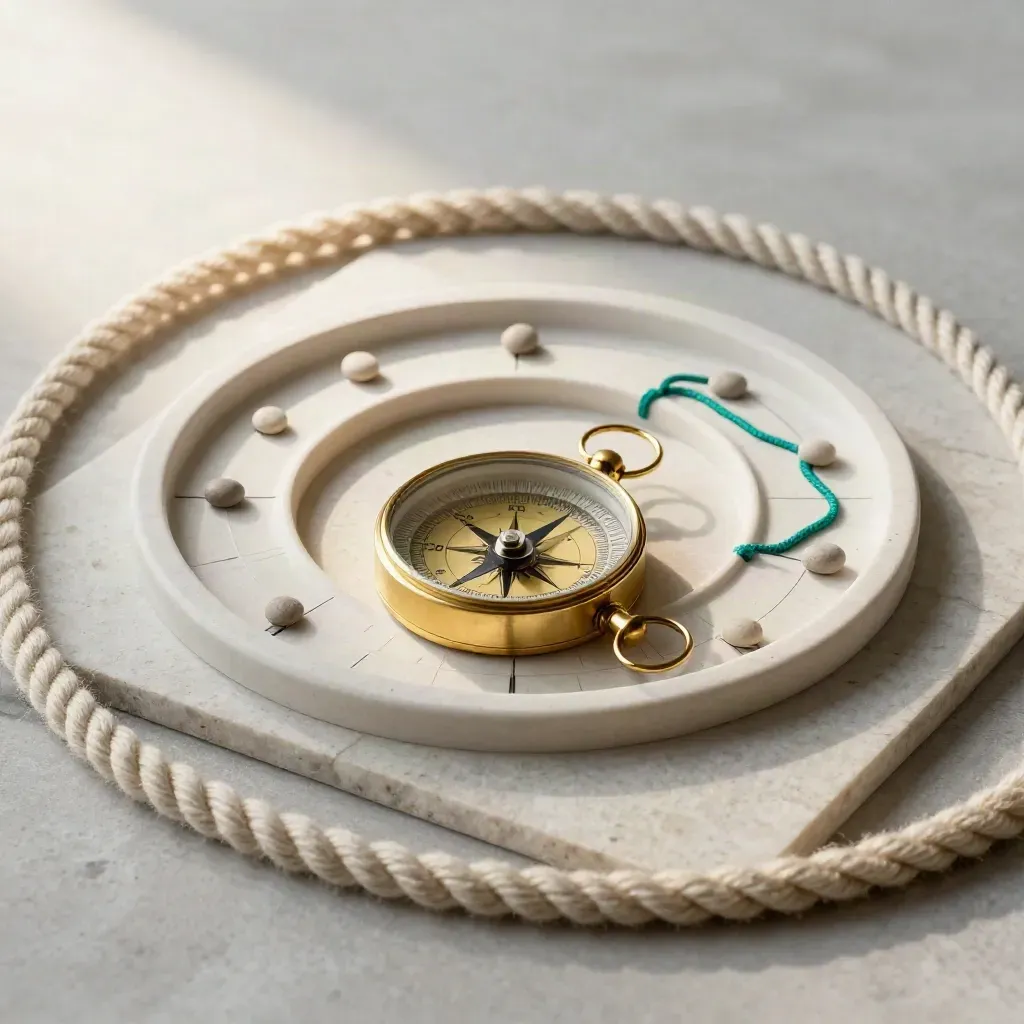 Brass compass, ceramic rings, pebbles, and rope arranged in a mapped route on pale stone.