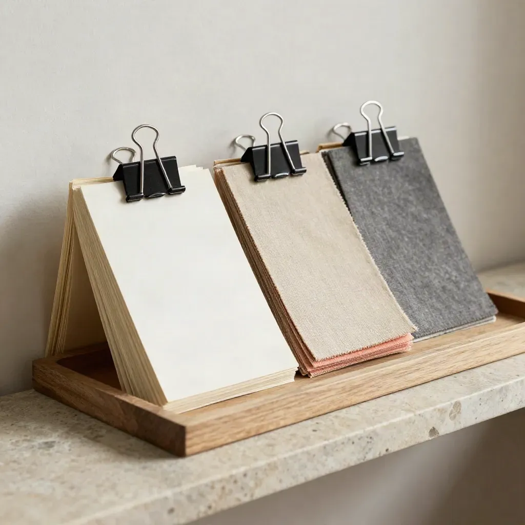 Index cards, linen swatches, binder clips and a wooden tray on a limestone shelf.