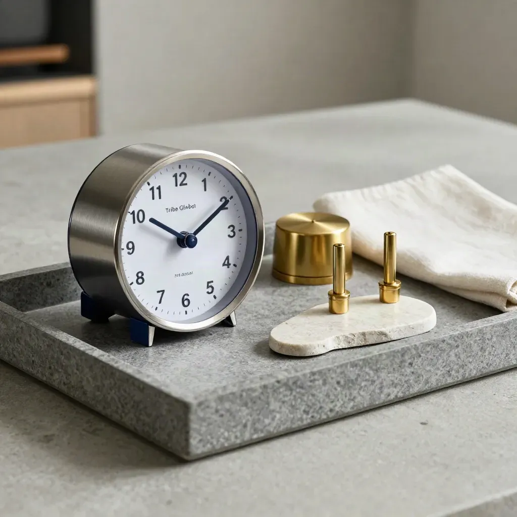 Brass timer, clock, counters and stone chip on a grey tray