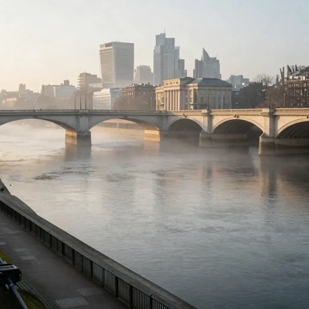 Misty Thames skyline with a stone bridge at dawn, calm water, and London architecture high in frame.