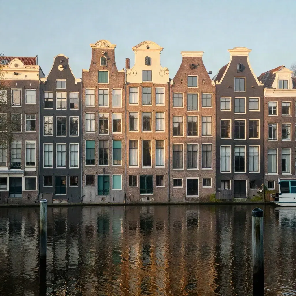 Amsterdam canal houses above a misty, calm canal at golden morning light.