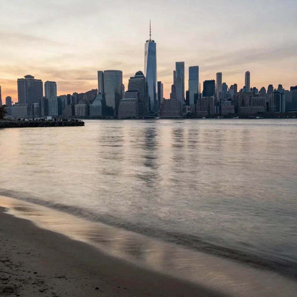 Manhattan skyline at sunset beyond a calm Hudson waterfront with hazy open foreground.