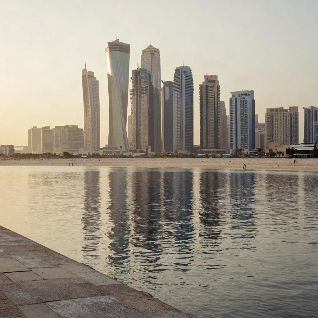 Dubai Marina towers over a calm sand-toned waterfront at sunset with reflections and heat haze